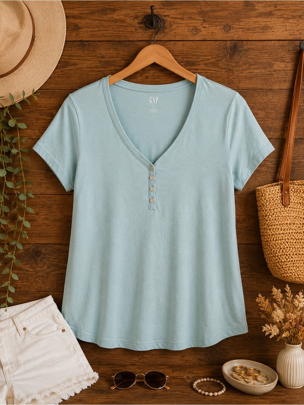 GAP Soft Blue Henley Tee | Casual Everyday Summer Top